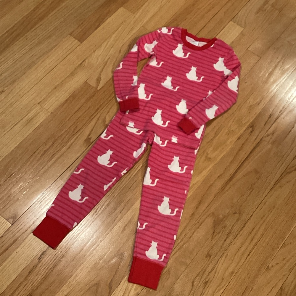 Mini Boden Pink and White Cat Stripe Kids Pajama Set